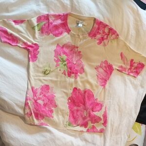 Liz Claiborne Cream Cardigan with Hot Pink Floral Print